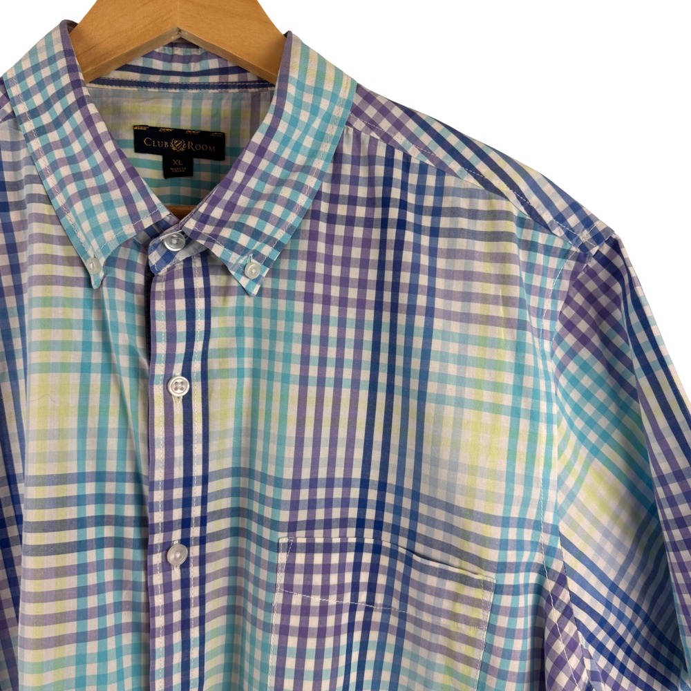 Club Room Button Down Shirt Mens XL Blue Purple Plaid Short Sleeve Cotton Pocket